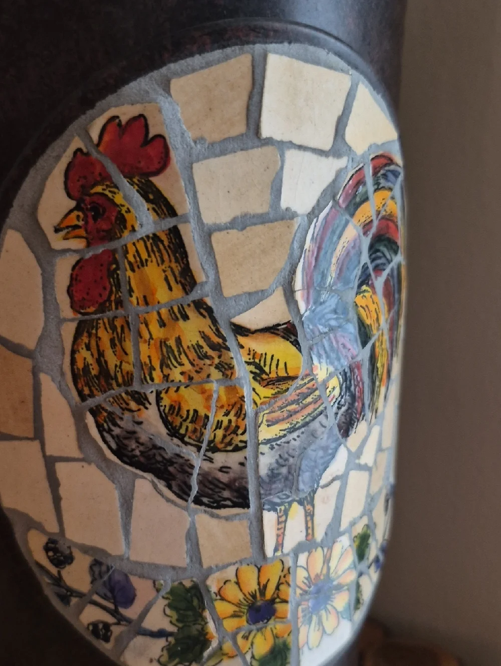 Vintage Rustic Metal Mosaic pique assiette Rooster Farmhouse Vase Tin